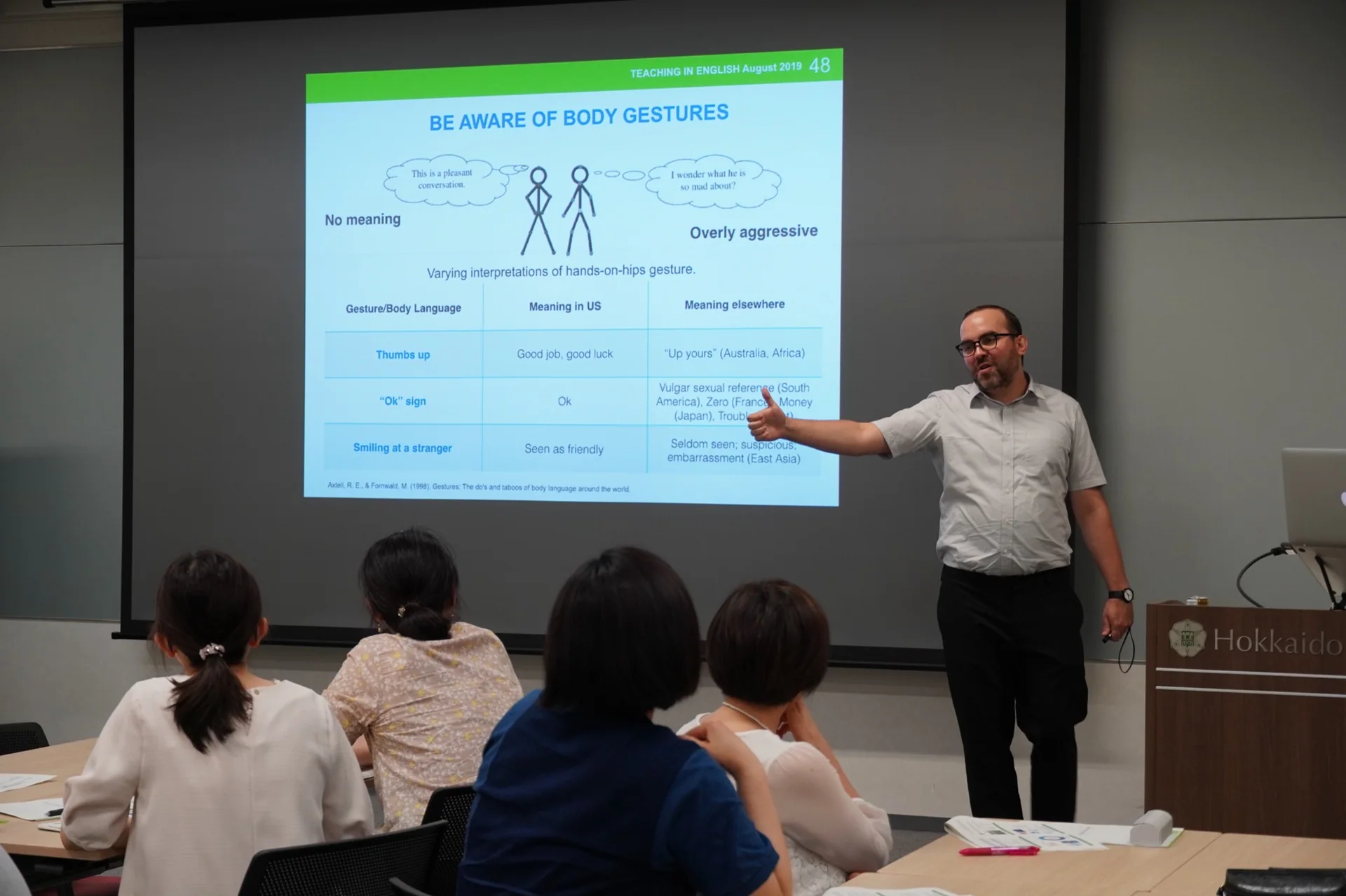 Michał Mazur prowadzi warsztaty Teaching in English o międzykulturowej mowie ciała na Hokkaido University w 2019 roku.