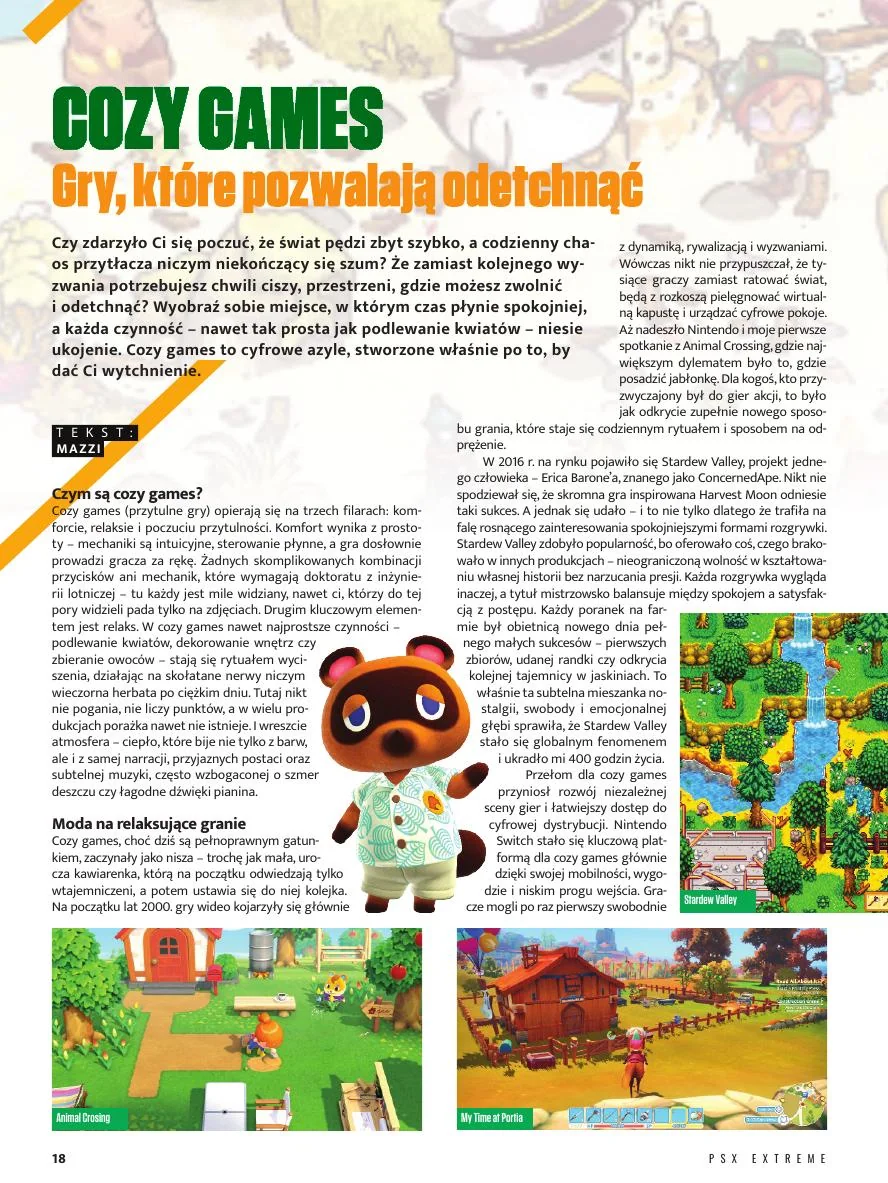 Strona artykułu PSX Extreme pod tytułem Cosy Games: Gry, które pozwalają odetchnąć.