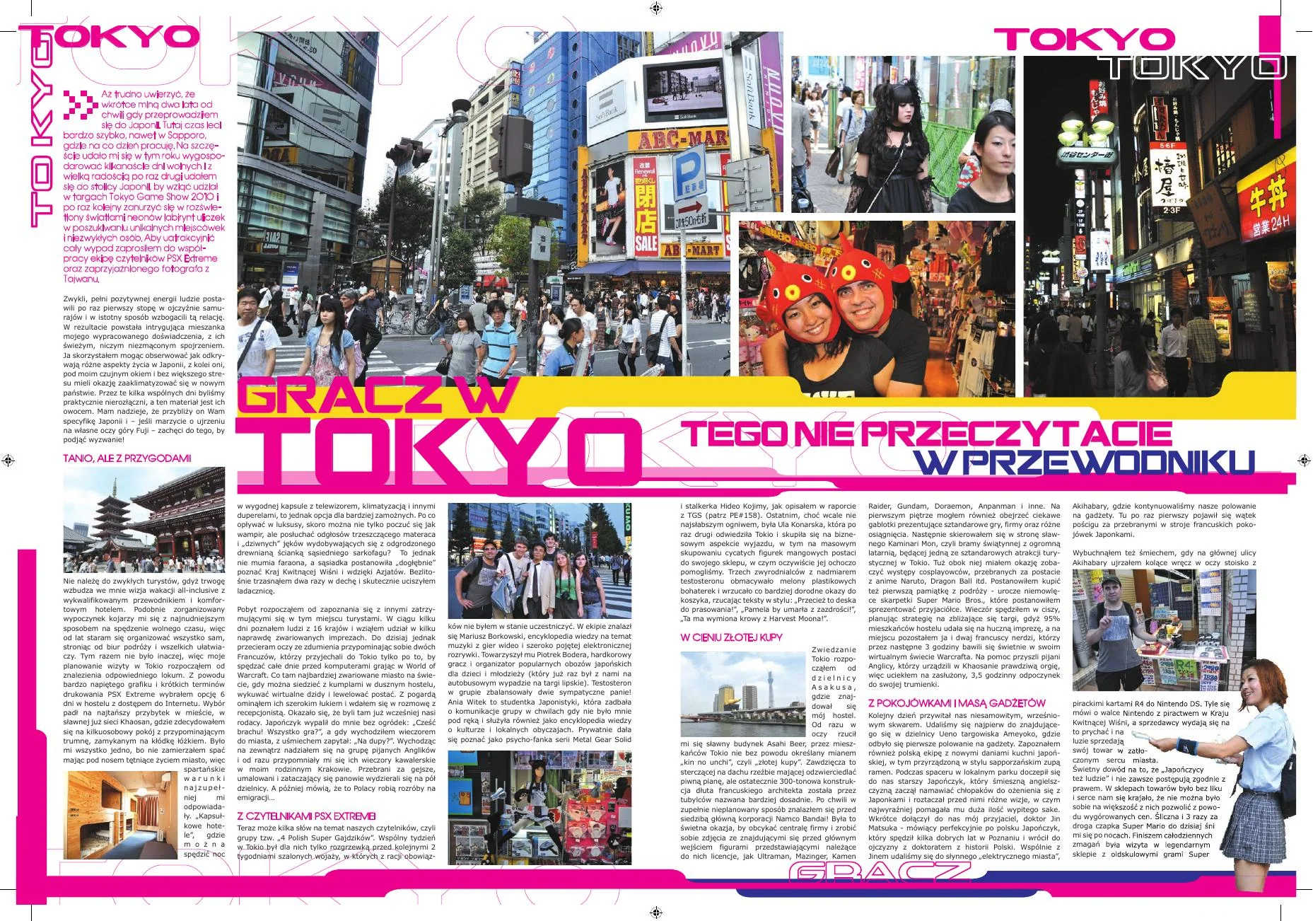 Dwustronicowa rozkładówka PSX Extreme z tekstu Gracz w Tokio, ze zdjęciami z Tokio.