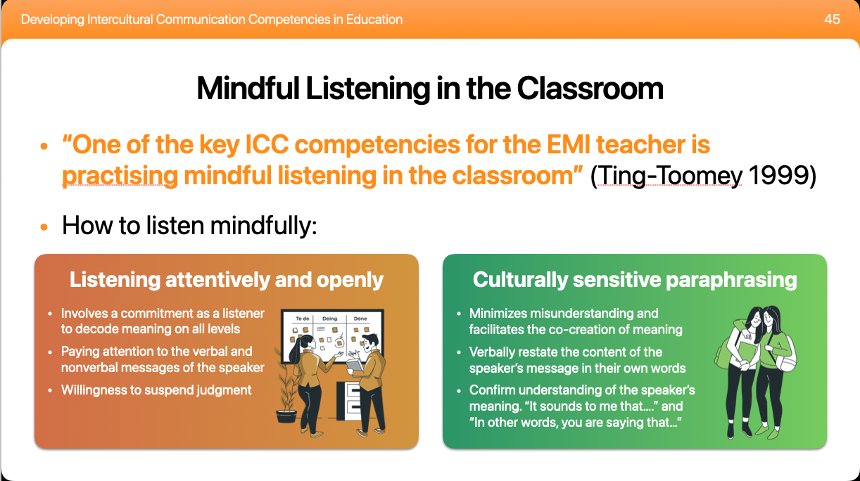 Original Michal Mazur slide about mindful listening in the classroom, with attentive listening and culturally sensitive paraphrasing.