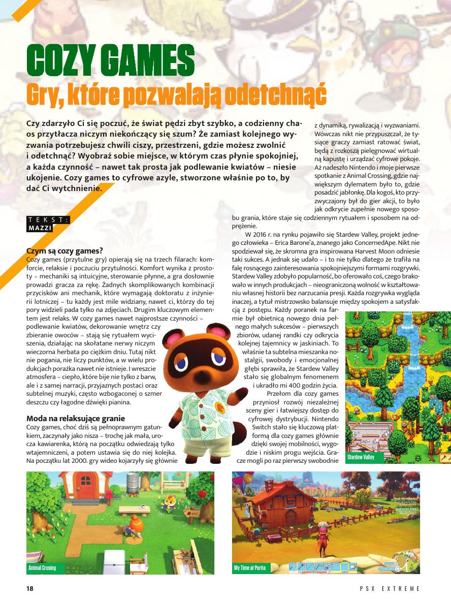 PSX Extreme article page titled Cosy Games: Gry, które pozwalają odetchnąć.